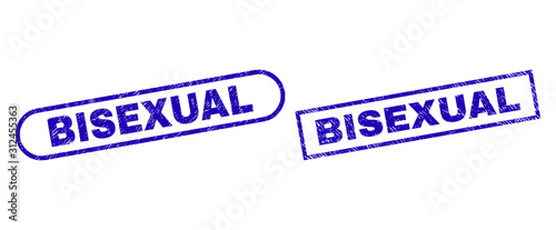 Blue rectangle and rounded BISEXUAL watermark. Flat vector scratched watermarks with BISEXUAL phrase inside rectangle frame and rounded rectangle frames. Watermark with distress style,