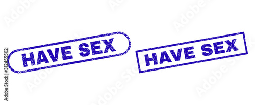 Blue rectangle and rounded HAVE SEX watermark. Flat vector distress stamps with HAVE SEX caption inside rectangle frame and rounded rectangle frames. Rubber imitation with distress style,