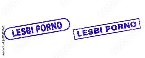 Blue rectangle and rounded LESBI PORNO seal. Flat vector distress stamps with LESBI PORNO phrase inside rectangle frame and rounded rectangle frames. Rubber imitation with distress style,