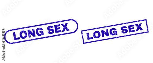 Blue rectangle and rounded LONG SEX seal stamp. Flat vector textured seal stamps with LONG SEX text inside rectangle frame and rounded rectangle frames. Imprint with grunge surface,