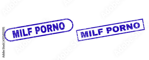 Blue rectangle and rounded MILF PORNO seal stamp. Flat vector scratched seal stamps with MILF PORNO message inside rectangle frame and rounded rectangle frames. Rubber imitation with unclean surface,