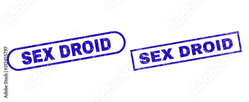 Blue rectangle and rounded SEX DROID seal stamp. Flat vector textured seal stamps with SEX DROID message inside rectangle frame and rounded rectangle frames. Imprint with grunged texture,