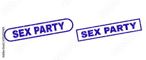 Blue rectangle and rounded SEX PARTY seal stamp. Flat vector distress seal stamps with SEX PARTY message inside rectangle frame and rounded rectangle frames. Watermark with distress surface,
