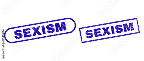Blue rectangle and rounded SEXISM watermark. Flat vector grunge stamps with SEXISM message inside rectangle frame and rounded rectangle frames. Watermark with distress style, on a white background.