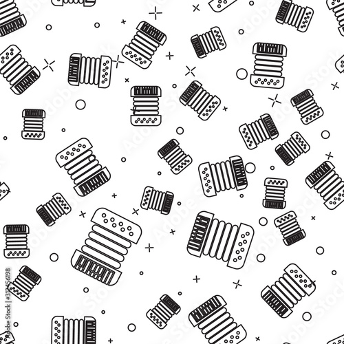 Black line Musical instrument accordion icon isolated seamless pattern on white background. Classical bayan, harmonic. Vector Illustration