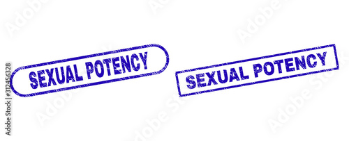 Blue rectangle and rounded SEXUAL POTENCY seal stamp. Flat vector textured seal stamps with SEXUAL POTENCY caption inside rectangle frame and rounded rectangle frames.
