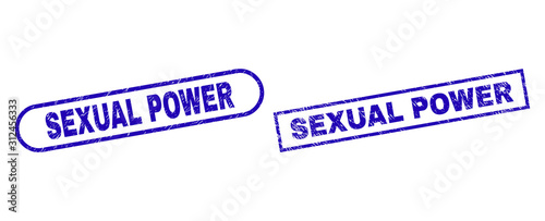 Blue rectangle and rounded SEXUAL POWER seal stamp. Flat vector grunge seal stamps with SEXUAL POWER text inside rectangle frame and rounded rectangle frames. Imprint with corroded style,