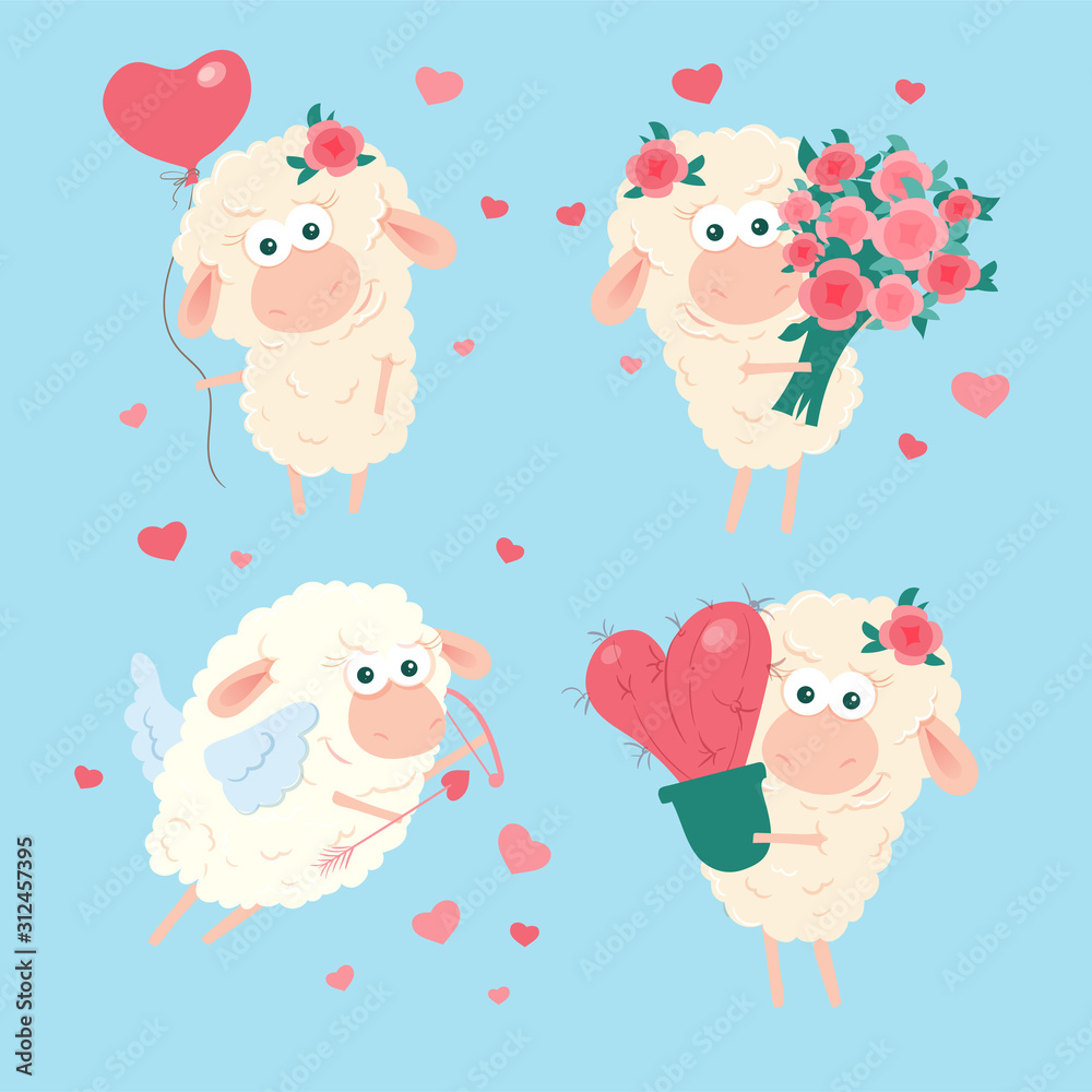 Cute cartoon lamb set for St. Valentine's Day. Vector illustration