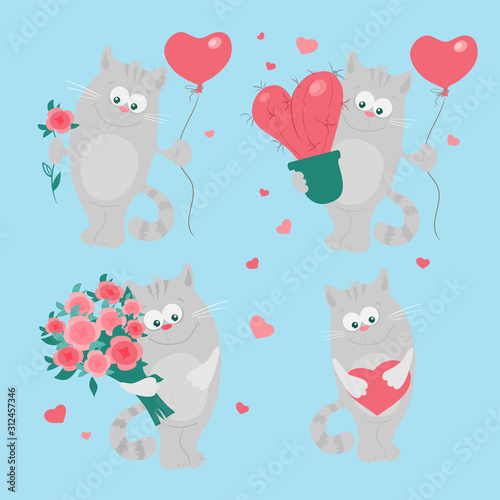 Cute cartoon cats set for St. Valentine's Day. Vector illustration