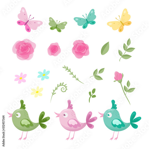 Cute cartoon set of flowers of roses, butterflies and birds for St. Valentine's Day. Vector illustration