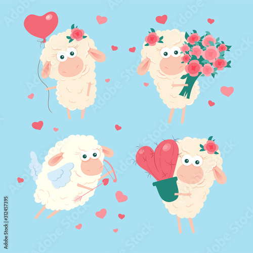 Cute cartoon lamb set for St. Valentine s Day. Vector illustration