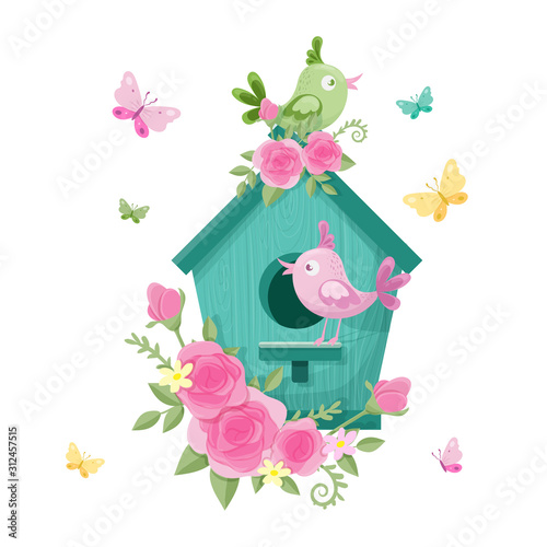Cute cartoon birdhouse with birds and roses for Valentine's Day. Vector illustration