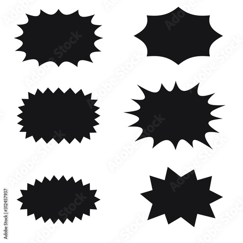 Splash star icon set in flat style. Set of explosion background for a surprising and shocking moment with sample texts.