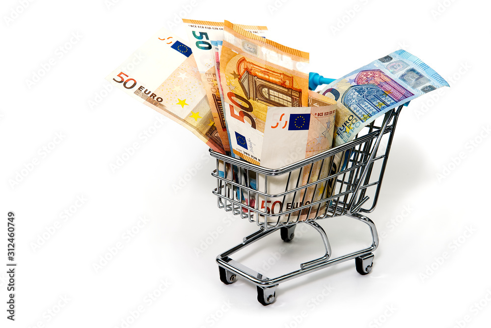 Grocery cart with euro bills isolated on white. shopping, loan, money saving, pension, investments concept