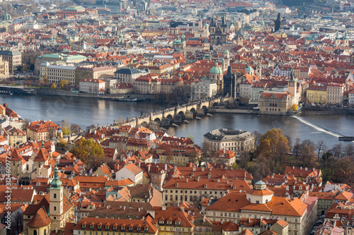 The traditional old town of Prague with the Vltava River and the Charles Bridge from above