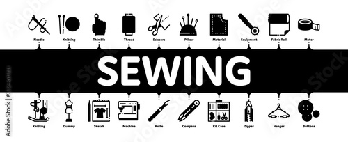Sewing And Needlework Minimal Infographic Web Banner Vector. Sewing Needle And Measure, Dummy And Bobbin, Button And Fabric Concept Illustrations