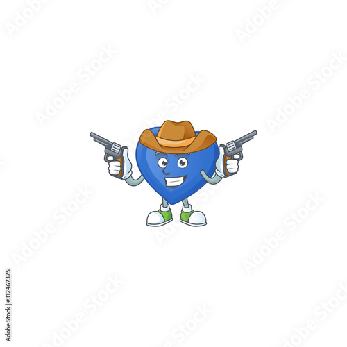 Smiling blue love mascot icon as a Cowboy holding guns
