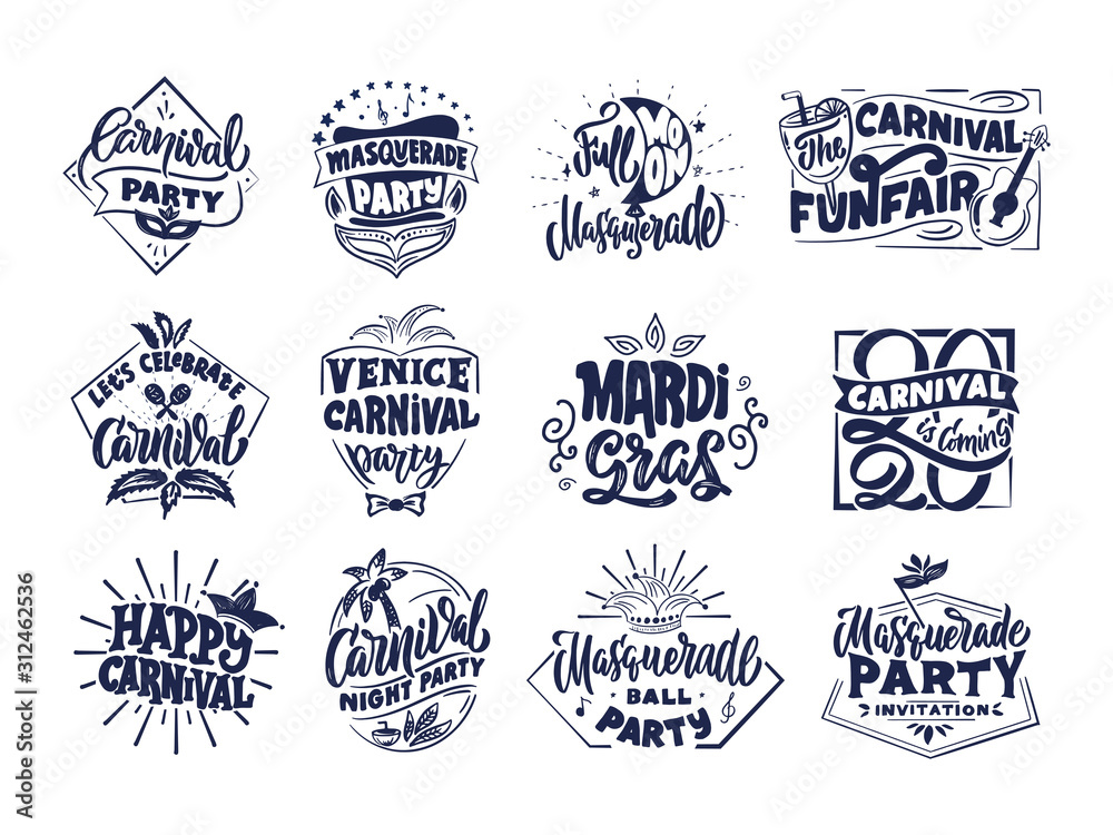 Fototapeta premium Carnival collection emblems, labels, badges, logos, stamps, phrases, lettering compositions. Big set of Festival 