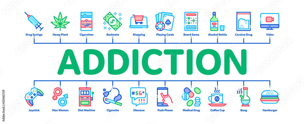 Addiction Bad Habits Minimal Infographic Web Banner Vector. Alcohol And Drug, Shopping And Gambling, Hemp, Smoking And Junk Food Addiction Color Illustrations