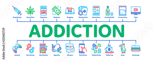 Addiction Bad Habits Minimal Infographic Web Banner Vector. Alcohol And Drug, Shopping And Gambling, Hemp, Smoking And Junk Food Addiction Color Illustrations photo