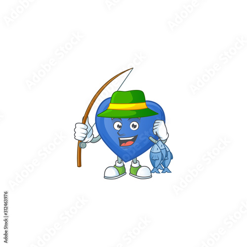 Cheerful face Fishing blue love mascot design