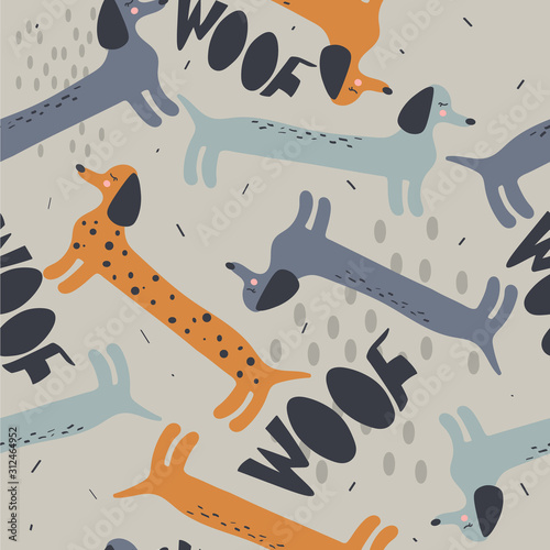 Happy dogs, hand drawn backdrop. Colorful seamless pattern with animals. Decorative cute wallpaper, good for printing. Overlapping background vector. Design illustration, dachshunds