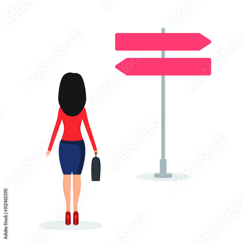 Businesswoman has to make a choice vector illustration in flat design.