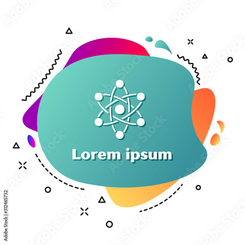 White Atom icon isolated on white background. Symbol of science, education, nuclear physics, scientific research. Abstract banner with liquid shapes. Vector Illustration