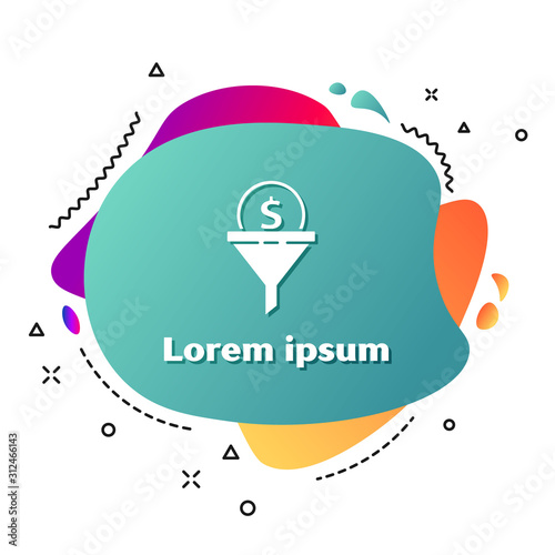 White Lead management icon isolated on white background. Funnel with money. Target client business concept. Abstract banner with liquid shapes. Vector Illustration