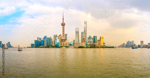 Sunset beautiful city skyline and river panorama in Shanghai