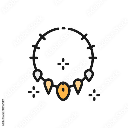 Necklace of teeth, prehistoric jewellery, primitive accessory color line icon.