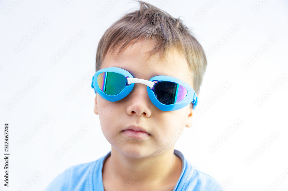 boy in blue glasses on a white background