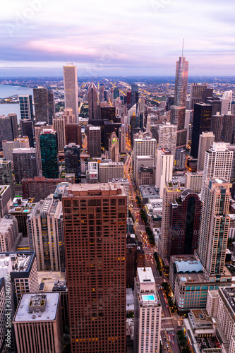 Panoramic view of Chicago downtown and the lake from Hancock tower observation desk in Chicago , Illinois , United States of America