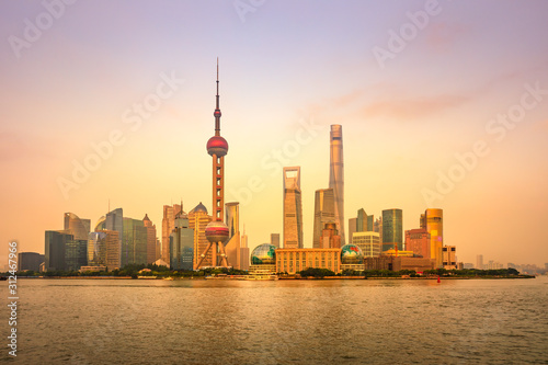 Sunset beautiful city skyline and river in Shanghai