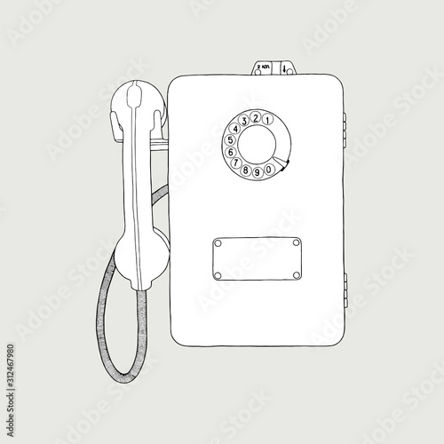 Old style public payphone. Black and white retro illustration.