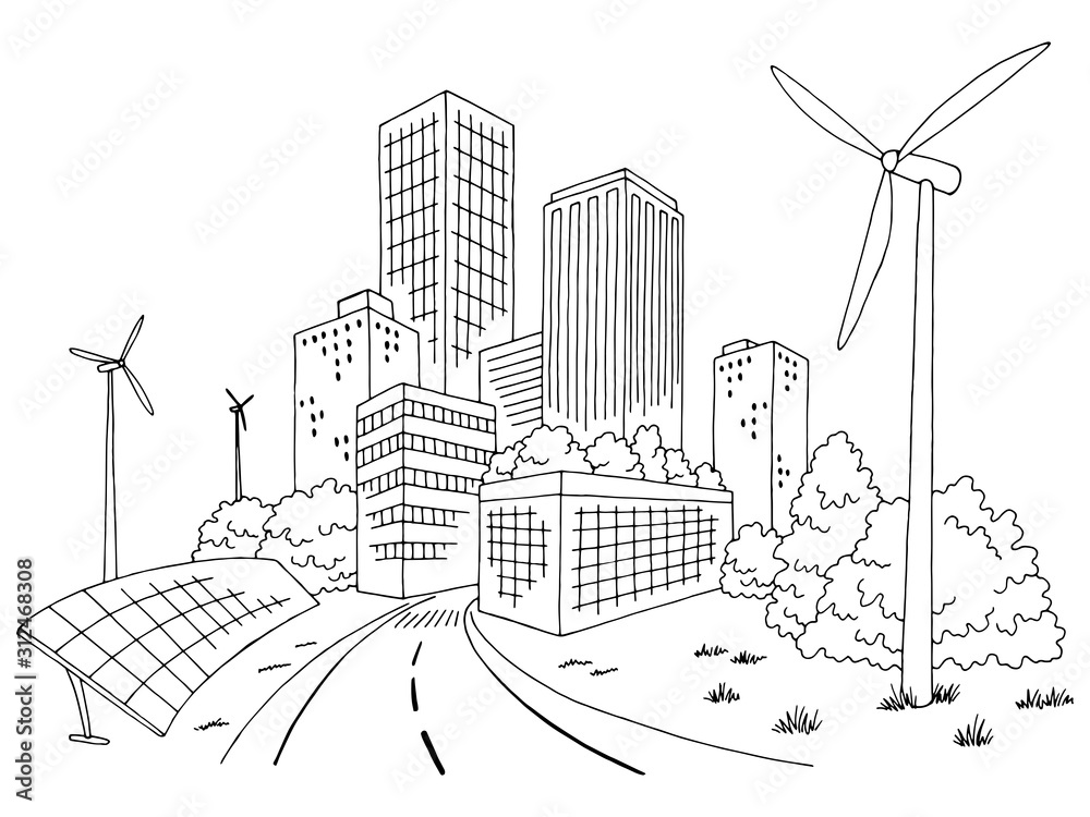 Eco city graphic black white cityscape skyline sketch illustration vector
