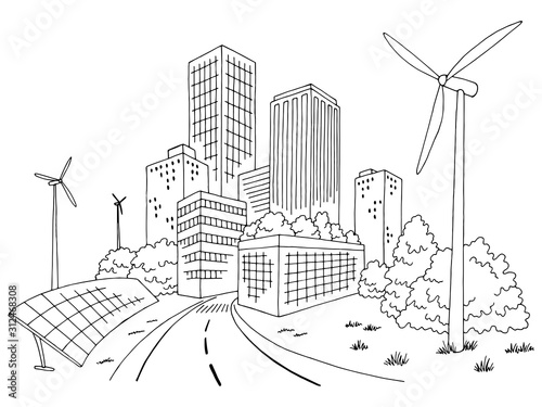 Eco city graphic black white cityscape skyline sketch illustration vector