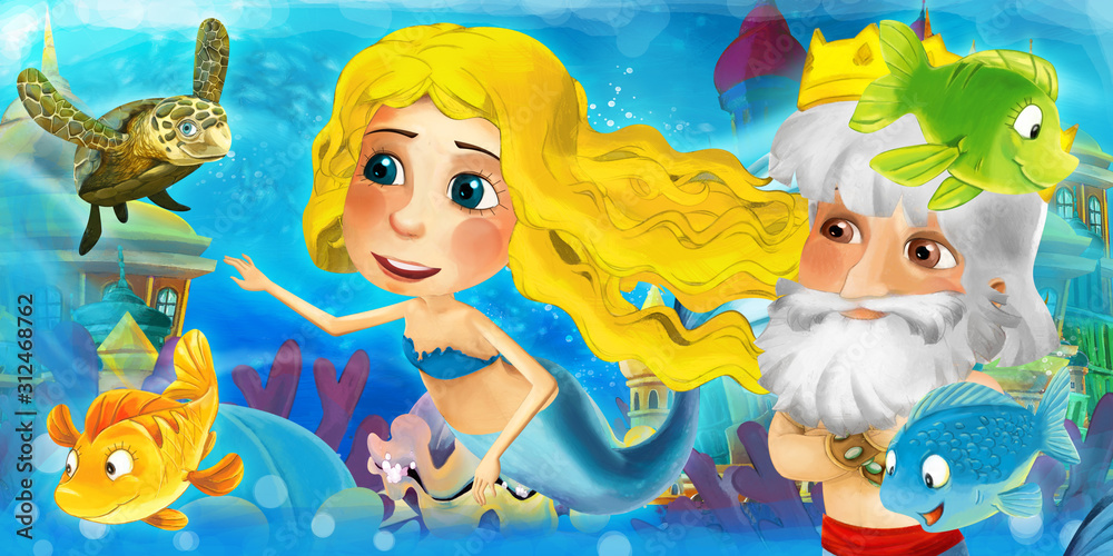 Cartoon ocean and the mermaid in underwater kingdom swimming with fishes and having fun - illustration for children
