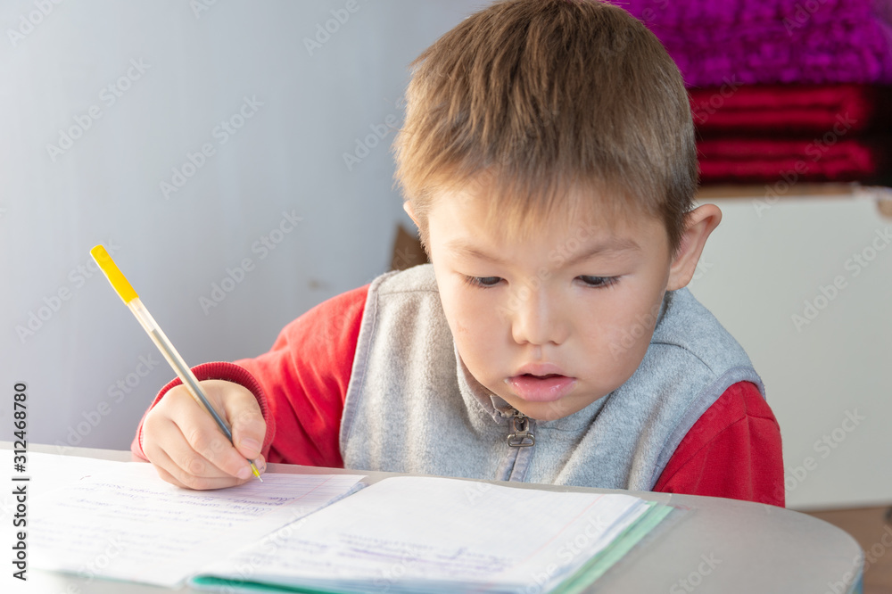 Concentrated child doing his homework at home. The boy sitting and looking in to books and notebooks Concentrated child doing his homework at home. The boy sitting and looking in to books and notebooks