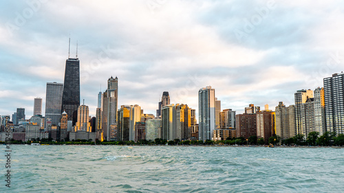 Panoramic view of Chicago waterfront during sunset times from North avenue beach in Chicago   Illinois   United States of America