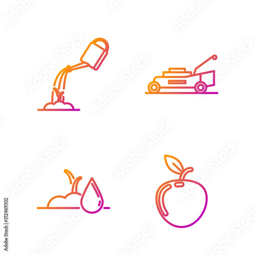 Set line Apple, Watering sprout, Watering can with water and Lawn mower. Gradient color icons. Vector