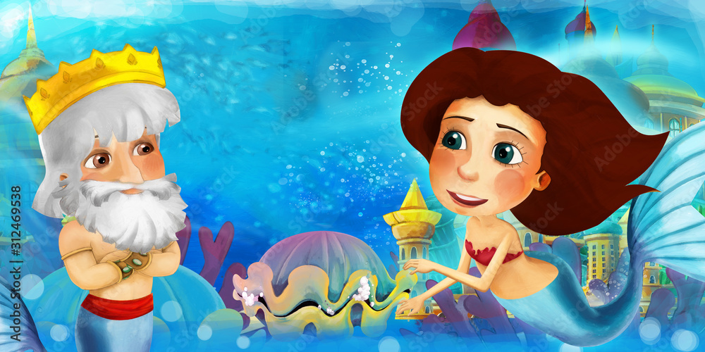 Fototapeta premium Cartoon ocean and the mermaid in underwater kingdom swimming and having fun - illustration for children