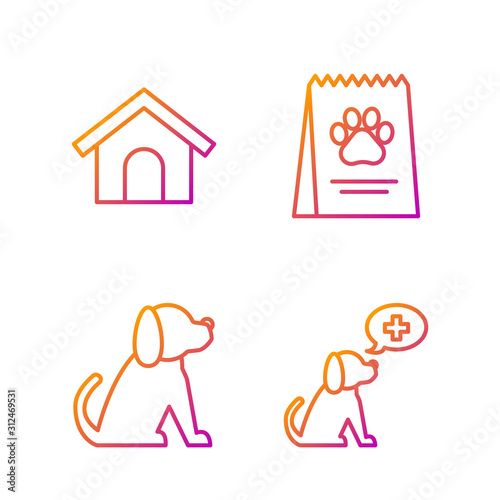 Set line Veterinary clinic symbol, Dog, Dog house and Bag of food for dog. Gradient color icons. Vector
