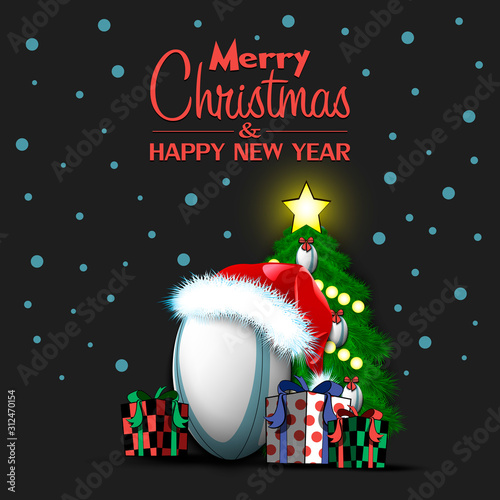 Happy New Year. Rugby ball and Christmas tree