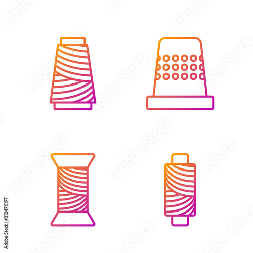 Set line Sewing thread on spool, Sewing thread on spool, Sewing thread on spool and Thimble for sewing. Gradient color icons. Vector