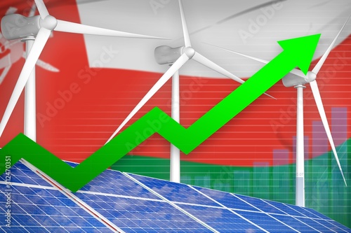 Oman solar and wind energy rising chart  arrow up - environmental natural energy industrial illustration. 3D Illustration