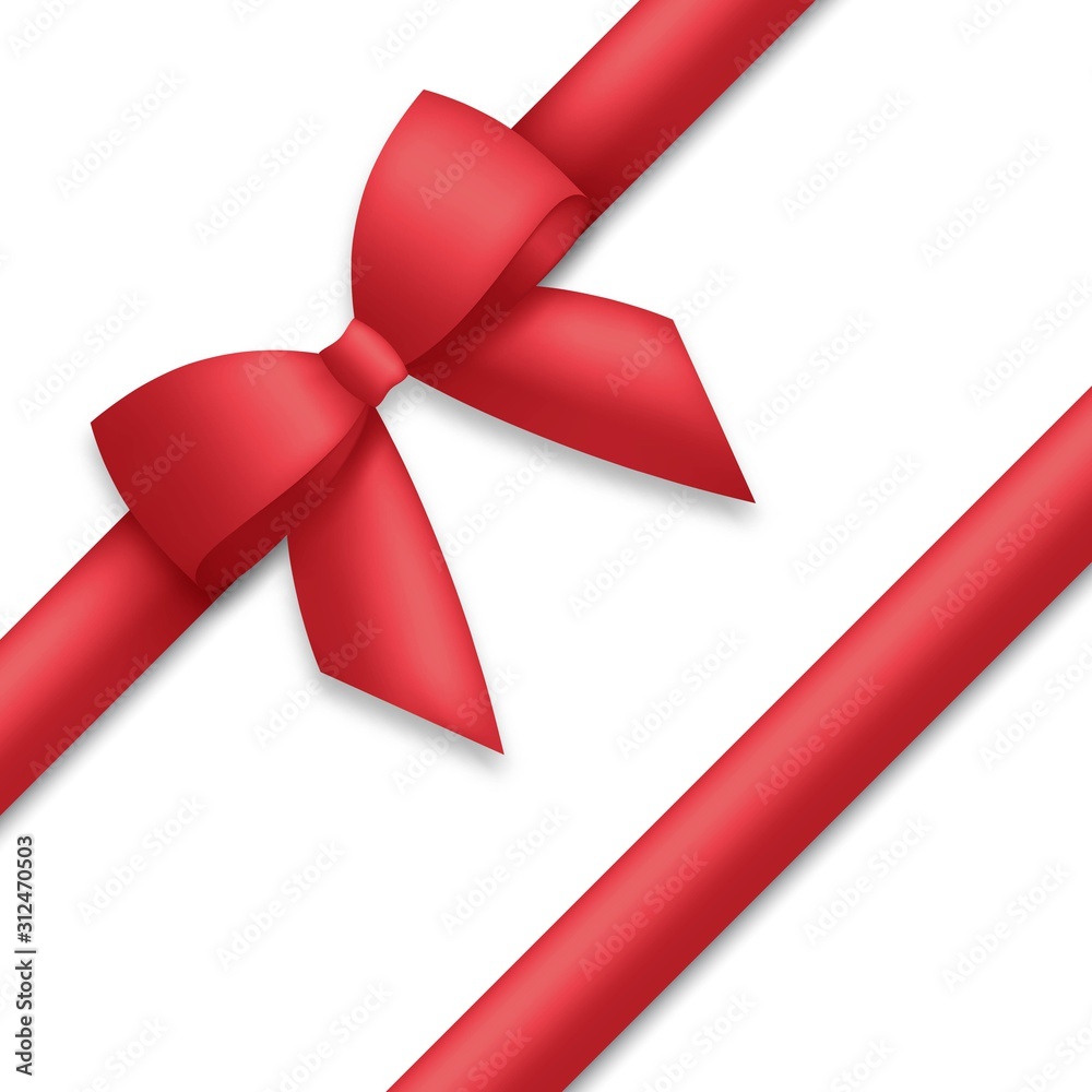Decorative red bow with ribbons. Gift box wrapping and holiday decoration.