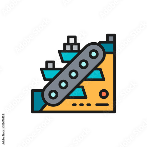Vector metallurgy conveyor, mining industry flat color line icon.