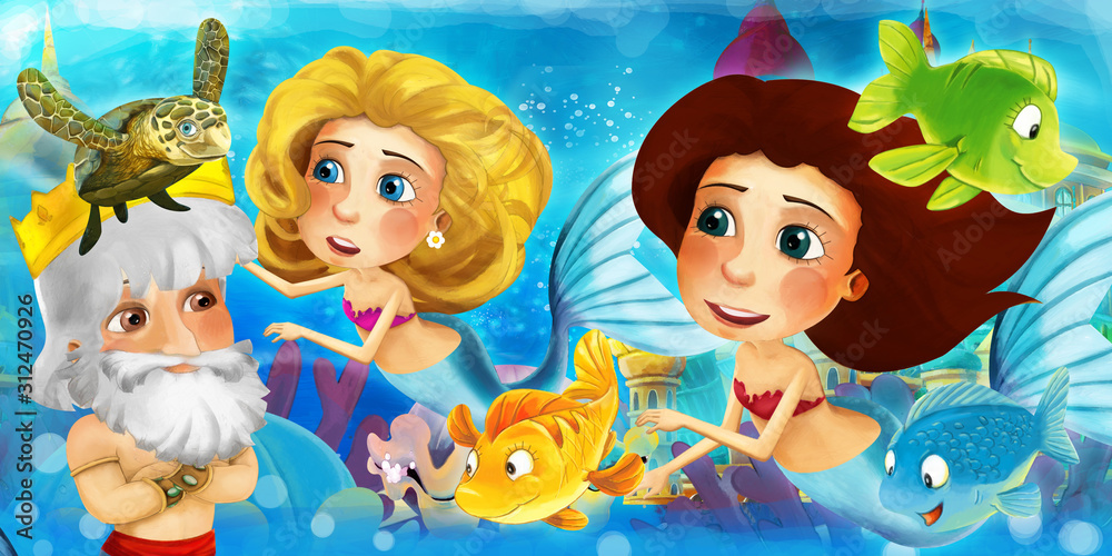 Naklejka premium Cartoon ocean and the mermaid in underwater kingdom swimming with fishes and having fun - illustration for children