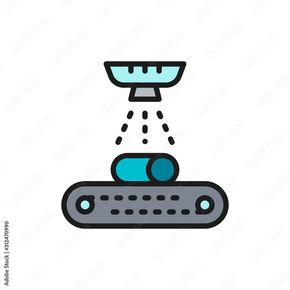 Cleaning and painting metals on conveyor belt, cooling flat color line icon. Cleaning and painting metals on conveyor belt, cooling flat color line icon.